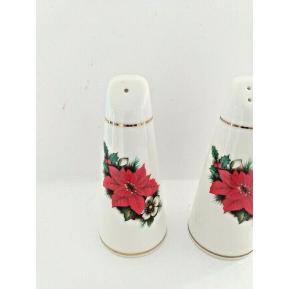 Warwick England Fine Bone China Salt & Pepper Shakers - Pointsettia Pattern - Picture 2 of 12